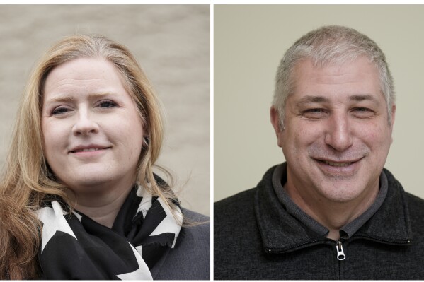 This Jan. 2024 combination photo shows nominees for a Bucks County special election to fill a vacant Pennsylvania state House seat, Republican Candace Cabanas, left, and Democrat Jim Prokopiak in Fairless Hills, Pa., (AP Photo/Matt Rourke)