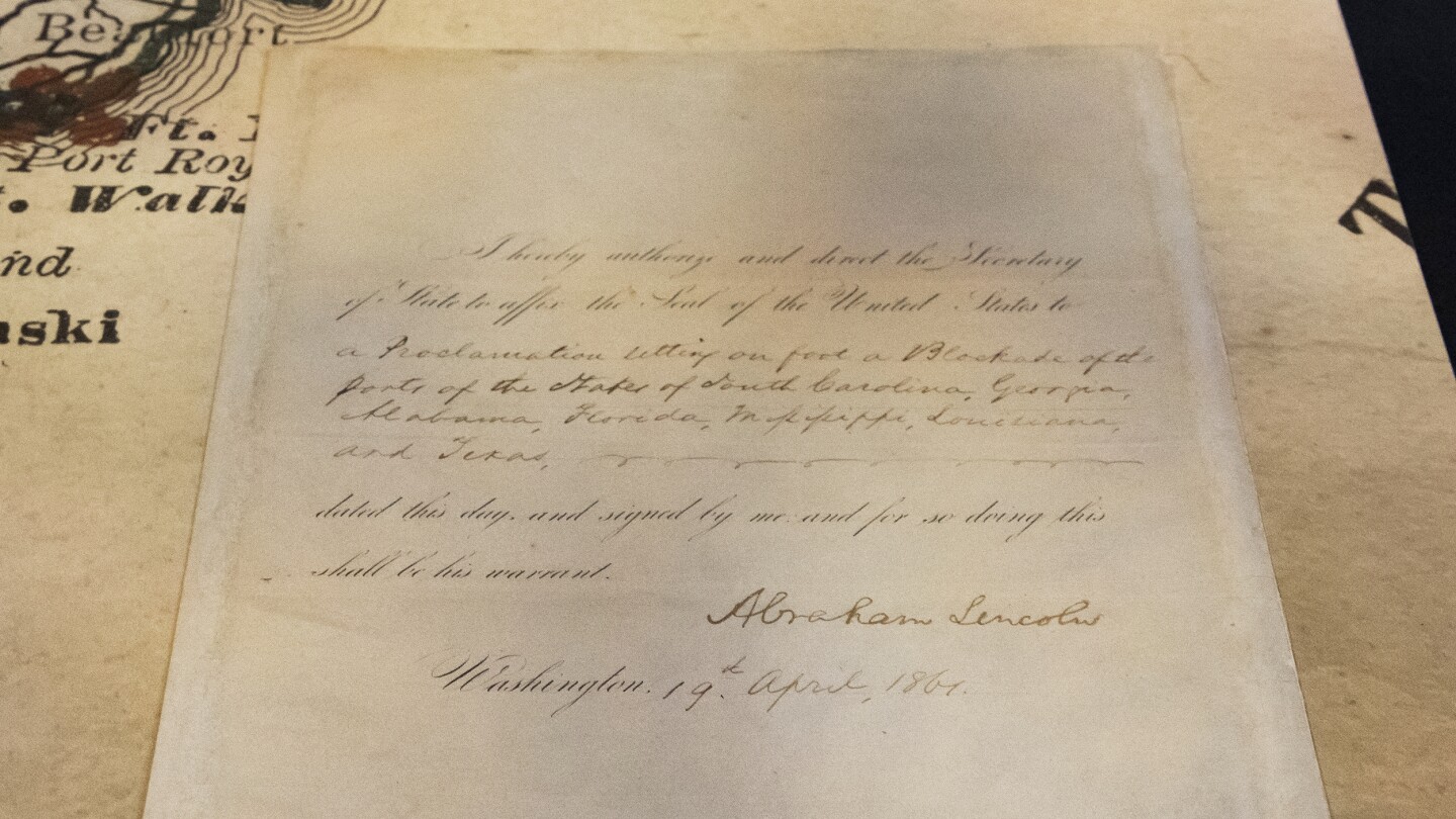 Заповедта на Линкълн за гражданската война за блокиране на пристанищата на Конфедерацията, дарени на Илинойс от губернатора и първата дама