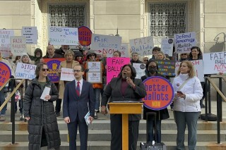 Antoinette Miles, state director of New Jersey Working Families, speaks at a rally outside U.S. District Court in Trenton, N.J., Monday, March 18, 2024. Miles and others at the demonstration oppose New Jersey's method of awarding ballot preference to candidates backed by the county political party. The court was hearing a case brought by Rep. Andy Kim and others seeking to stop the practice. (AP Photo/Mike Catalini)