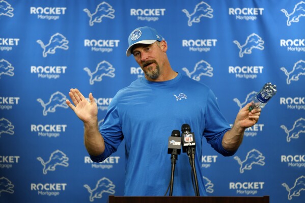 Detroit Lions head coach Dan Campbell addresses the media after the NFL football game against the Detroit Lions, Monday, Oct. 30, 2023, in Detroit. (AP Photo/Duane Burleson)