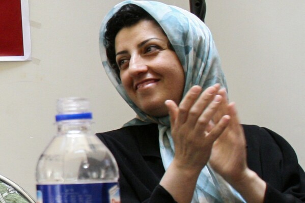 Prominent Iranian human rights activist Narges Mohammadi is seen in a meeting on women's rights in Tehran, Iran, on July 3, 2008. The Nobel Peace Prize has been awarded to Narges Mohammadi for fighting oppression of women in Iran. The chair of the Norwegian Nobel Committee announced the prize Friday, Oct. 6, 2023 in Oslo. (AP Photo/Vahid Salemi)