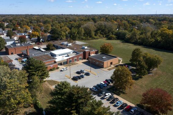 FILE - This aerial photo shows Jana Elementary School, in the Hazelwood School District, on Oct. 17, 2022, in Florissant, Mo. Testing by the U.S. Army Corps of Engineers found no radioactive contamination at the Missouri school that was shut down in October amid fears that nuclear material from a contaminated creek nearby had made its way into the school, Corps officials said Wednesday, Nov. 9. (David Carson/St. Louis Post-Dispatch via AP, File)