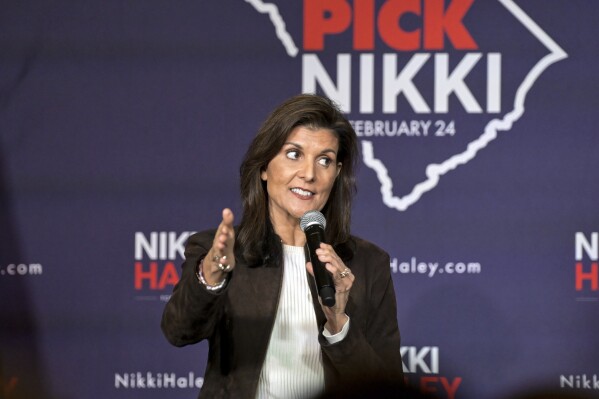 FILE - Republican presidential candidate former UN Ambassador Nikki Haley speaks at a campaign event in Spartanburg, S.C., Monday, Feb. 5, 2024. (AP Photo/Matt Kelley, File)