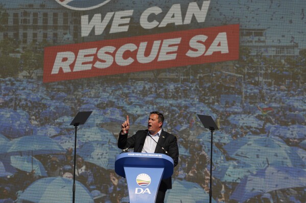 FILE - Main opposition Democratic Alliance (DA) party leader, John Steenhuisen, delivers his speech at a final election rally in Benoni, South Africa, on May 26, 2024. (AP Photo/Themba Hadebe, File)