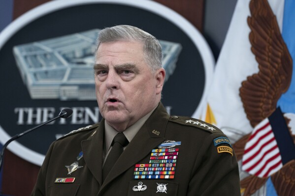 FILE - Chairman of the Joint Chiefs of Staff Gen. Mark Milley speaks during a news conference at the Pentagon in Washington, July 18, 2023. The top American military officer says North Korea may be able to boost Russia’s supply of artillery munitions for the war in Ukraine. But Army Gen. Mark Milley says that's not likely to make a big difference. He made the comments as he arrived in Norway for NATO meetings that began Saturday, Sept. 16, and will focus in part on the conflict. (AP Photo/Manuel Balce Ceneta, File)