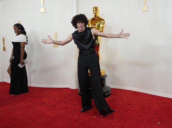 Reece Feldman arrives at the Oscars on Sunday, March 10, 2024, at the Dolby Theatre in Los Angeles. (AP Photo/Ashley Landis)
