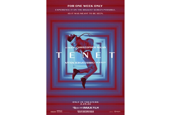 This image provided by Warner Bros. Pictures shows promotional art for the film "Tenet." The film, directed by Christopher Nolan, will return to theaters for one week on large format screens, including 70MM IMAX, starting Feb. 23. (Warner Bros. Pictures via AP)