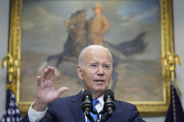 President Joe Biden speaks about the auto workers strike from the Roosevelt Room of the White House in Washington, Friday, Sept. 15, 2023. (AP Photo/Susan Walsh)