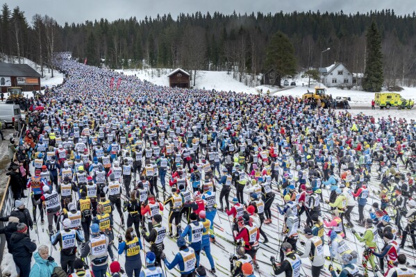 Competitors start the cross-country ski classics race Vasaloppet in Saelen, Sweden, Sunday morning, March 3, 2024. (Ulf Palm/TT News Agency via AP)