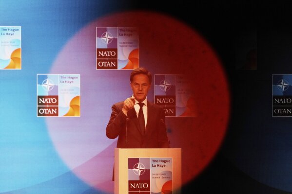 NATO Secretary General Mark Rutte speaks during a media conference in The Hague, Netherlands, Monday, June 23, 2025 ahead of the NATO summit. (AP Photo/Markus Schreiber)
