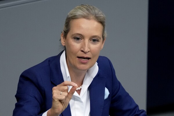 Leader of the far-right Afd, Alice Weidel, speaks during general debate of the German parliament Bundestag in Berlin, Germany, Sept.11, 2024. (AP Photo/Markus Schreiber, File)