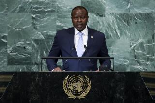 President of Burkina Faso Paul Henri Sandaogo Damiba addresses the 77th session of the United Nations General Assembly, Friday, Sept. 23, 2022, at the U.N. headquarters. (AP Photo/Julia Nikhinson)