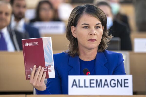 German Foreign Minister Annalena Baerbock attends a special Human Rights Council session at the European headquarters of the United Nations in Geneva, Switzerland, Thursday, Nov. 24, 2022. (Martial Trezzini/Keystone via AP)