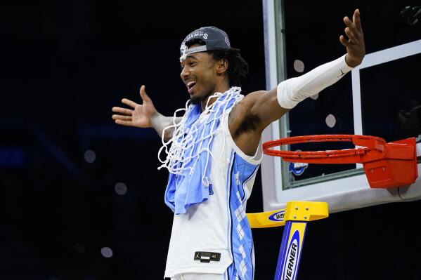 North Carolina's Leaky Black celebrates after North Carolina won a college basketball game against St. Peter's in the Elite 8 round of the NCAA tournament, Sunday, March 27, 2022, in Philadelphia. (AP Photo/Chris Szagola)