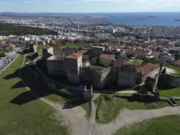 A drone photo shows Yedi Kule prison, which is now a museum, in Thessaloniki, Greece, Friday, April 11, 2025. (AP Photo/Thanassis Stavrakis)