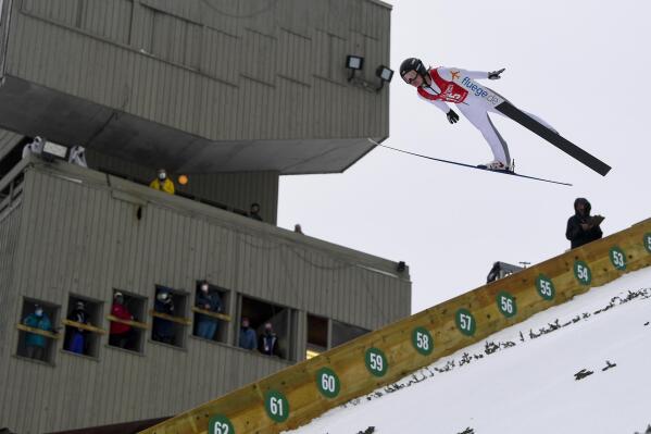 FILE - Anna Hoffman competes during the women's ski jumping trials for the U.S. Olympic team, at the Olympic Ski Jumping Complex on Saturday, Dec. 25, 2021, in Lake Placid, N.Y.The International Ski and Snowboard Federation is hosting a World Cup ski jumping competition Saturday and Sunday in Lake Placid, bringing the best in the sport back to town for the first time since 1990 and to the United States for the first time in nearly two decades. (AP Photo/Hans Pennink, File)