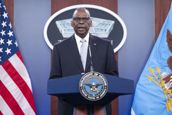 Defense Secretary Lloyd Austin speaks during a Pentagon press briefing at the Pentagon on Thursday, Feb. 1, 2024 in Washington. (AP Photo/Kevin Wolf)