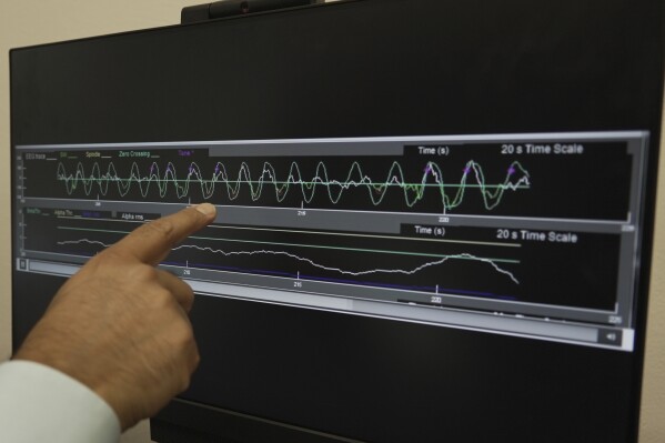 CAPTION CORRECTS TITLE Dr. Roneil Malkani points to a recording of pink noise being played at brief intervals to enhance slow brain waves during deep sleep at the Center for Circadian & Sleep Medicine at Northwestern Medicine in Chicago on May 16, 2024. Pink noise has a frequency profile “very similar to the distribution of brain wave frequencies we see in slow-wave sleep because these are large, slow waves,” said Malkani, associate professor of neurology at Northwestern University Feinberg School of Medicine. (AP Photo/Laura Bargfeld)