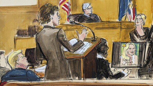 In this courtroom sketch, defense attorney Susan Necheles, center, cross examines Stormy Daniels, far right, whose real name is Stephanie Clifford, as former President Donald Trump, left, looks on with Judge Juan Merchan presiding during Trump's trial in Manhattan criminal court, Tuesday, May 7, 2024, in New York. (Elizabeth Williams via AP)