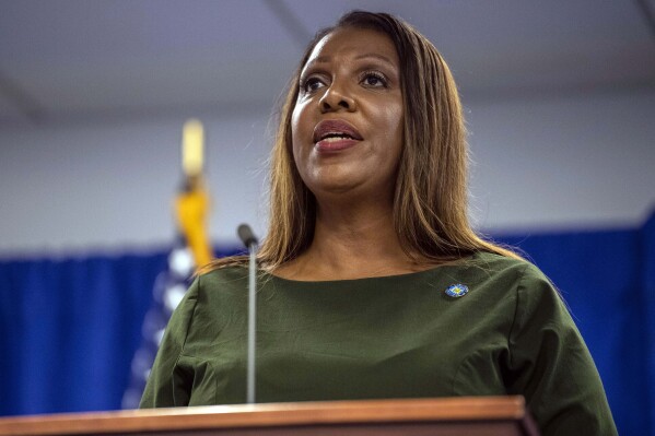 FILE - New York Attorney General Letitia James speaks during a news conference, Sept. 21, 2022, in New York. The giant meat producer JBS was accused of making misleading claims about its greenhouse gas emission goals to boost sales among environmentally conscious consumers in a lawsuit filed Wednesday, Fe. 28, 2024 by New York Attorney General Letitia James. (AP Photo/Brittainy Newman, File)