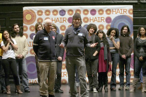 FILE - Hair creators Galt Macdermot, left, and James Rado appear during a photo call for the upcoming Broadway production of "HAIR: The American Tribal Love-Rock Musical," on Jan. 30, 2009 in New York. Rado died Tuesday night, June 21, 2022 in New York of cardio respiratory arrest, according to friend and publicist Merle Frimark. He was 90. (AP Photo/Mary Altaffer, File)
