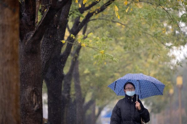 A woman wearing a face mask to protect against the coronavirus holds an umbrella as she walks through the first snowfall of the season in Beijing, Saturday, Nov. 21, 2020. China is starting mass testing on 3 million people in a section of the northern city of Tianjin and has tested thousands of others in a hospital in Shanghai after the discovery of a pair of cases there. (AP Photo/Mark Schiefelbein)