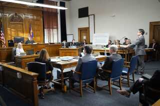 Sean Grimsley, attorney for the petitioners, delivers closing arguments in a hearing for a lawsuit to keep former President Donald Trump off the state ballot in court, Wednesday, Nov. 15, 2023, in Denver. (AP Photo/Jack Dempsey, Pool)