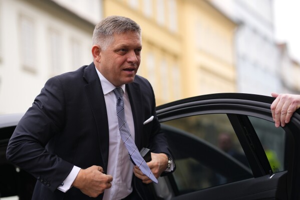 FILE - Slovakia's Prime Minister Robert Fico arrives for the V4 meeting in Prague, Czech Republic, Tuesday, Feb. 27, 2024. Slovakia’s government of populist Prime Minister Robert Fico approved on Wednesday, April 24, 2024, a controversial overhaul of public broadcasting. (AP Photo/Petr David Josek, File)