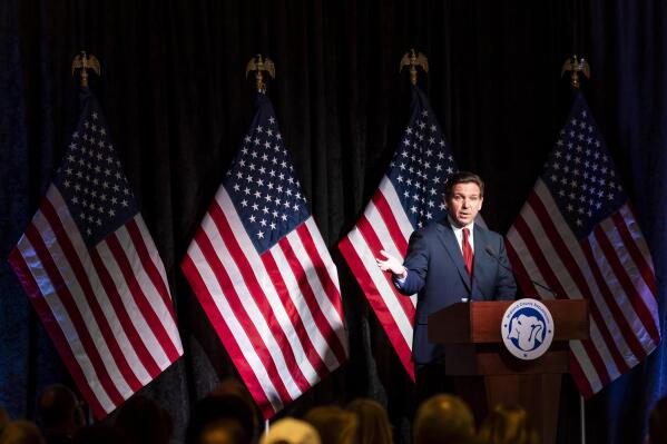 Florida Governor Ron DeSantis speaks at a Midland County Republican Party breakfast in Midland, Mich., on Thursday, April 6, 2023. DeSantis visited the central Michigan community for a county GOP event Thursday before heading to speak at Hillsdale College. (Kaytie Boomer/The Bay City Times via AP)