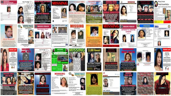 
              FILE - This file combination of images from various law enforcement agencies and organizations shows posters of missing and murdered Native American women and girls as of September 2018. No one knows precisely how many there are because authorities don't have reliable statistics. A top U.S. Justice Department official says it’s doubling the amount of federal funding for tribal public safety and crime victims as it seeks to tackle the high-rates of violence against Native American women. The announcement on Wednesday, Sept. 19, 2018, comes amid increased focus on the deaths and disappearances of Native American women and girls in the U.S. (AP, File)
            
