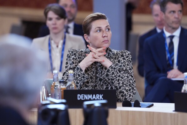 Denmark's Prime Minister Mette Frederiksen listens, during a meeting of the Joint Expeditionary Force (JEF) in Oslo, Friday, May 9, 2025. (Lise Åserud/NTB Scanpix via AP)