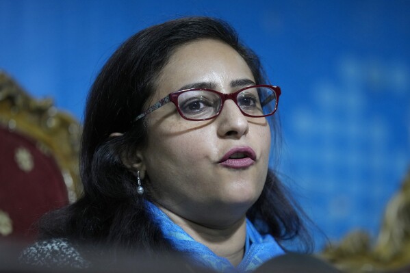 Munizae Jahangir, the co-chairperson at the Human Rights Commission of Pakistan, speaks during a news conference, in Islamabad, Pakistan, Monday, Jan. 1, 2024. Pakistan's rights body said Monday there is little chance of free and fair parliamentary elections next month because of "pre-poll rigging." It also expressed concerned about authorities rejecting most candidates from former premier Imran Khan's party, including Khan himself. (APPhoto/Anjum Naveed)