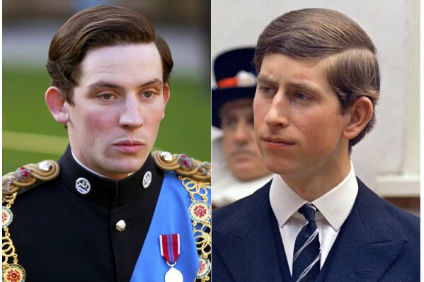 This combination of photos shows actor Josh O'Connor portraying Prince Charles in a scene from the third season of "The Crown," left, and Prince Charles in London on March 25, 1968. The popular series based on the British royal family debuts Sunday on Netflix. (Netflix, left, and AP Photo)