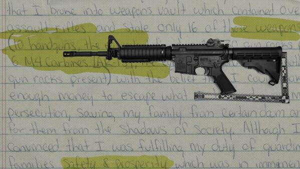 A photo illustration combining a defendant’s letter to a judge in the case of weapons he stole from a Massachusetts armory and an evidence photo of an M4 carbine rifle. (AP Illustration/Nat Castañeda)