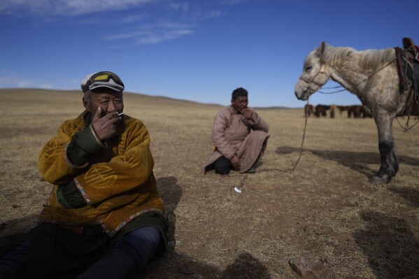 Herder Lkhaebum, 71, and his assistant herder take a cigarette break on their way to new location for them and livestock in the Munkh-Khaan region of the Sukhbaatar district, in southeast Mongolia, Sunday, May 14, 2023. (AP Photo/Manish Swarup)