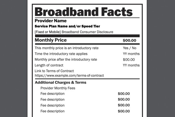 This image provided by the Federal Communications Commission shows a portion of a blank, sample broadband consumer label. Much like nutritional labels on food products, “broadband labels” for internet packages will soon tell you just what is going into the pricing of your service, thanks to new rules adopted by the Federal Communications Commission this week. (FCC via Ǻ)