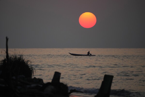 A man cruises on a boat during sunset near a beach where maleos are known to lay their eggs, in Mamuju, West Sulawesi, Indonesia, Saturday, Oct. 28, 2023. With their habitat dwindling and nesting grounds facing encroachment from human activities, the journey of a maleo pair for egg laying grows ever more precarious and uncertain. Maleo populations have declined by more than 80% since 1980, an expert said. (AP Photo/Dita Alangkara)