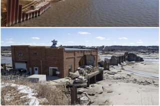 FILE - This combination of file photos provided by the Nebraska Department of Natural Resources, shows the Spencer Dam near Spencer, Neb., in November 2013, top, when it was holding back water on the Niobrara River and again in March 2019, after the dam failed during a flood. The dam that collapsed under pressure from an icy flood had a history of unaddressed ice issues and had no formal emergency plan because regulators wrongly assumed that no one would die if it failed, according a report released Tuesday April, 21, 2020. (Nebraska Department of Natural Resources via AP)