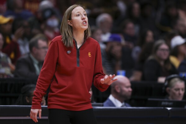 Southern California head coach Lindsay Gottlieb calls to her players during the second half of a Sweet 16 college basketball game against Baylor in the women's NCAA Tournament, Saturday, March 30, 2024, in Portland, Ore. (AP Photo/Howard Lao)
