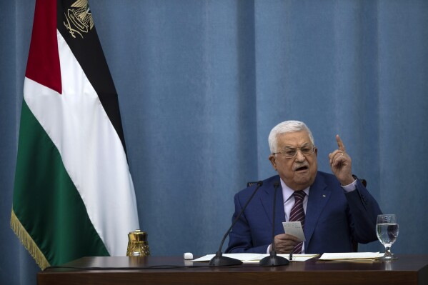 FILE - Palestinian President Mahmoud Abbas speaks during a meeting of the PLO executive committee and a Fatah Central Committee at the Palestinian Authority headquarters in the West Bank city of Ramallah on May 12, 2021. Palestinian political factions on Wednesday, Sept. 13, 2023, raged against dozens of Palestinian academics who had criticized Abbas' recent remarks on the Holocaust that have drawn widespread accusations of antisemitism. (AP Photo/Majdi Mohammed, File)