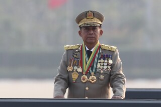 FILE - Gen. Min Aung Hlaing inspects officers during a parade to commemorate Myanmar's 78th Armed Forces Day in Naypyitaw, Myanmar, March 27, 2023. (AP Photo/Aung Shine Oo, File)