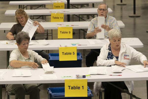 Bipartisan counting teams prepare to recount nearly 150,000 ballots in Wichita, Kansas, on Wednesday, Aug. 17, 2022 on a constitutional amendment that would've removed abortion rights from the Kansas Constitution.  Nine of the state's 105 counties were forced to do the recount by two Republican activists. Voters earlier this month rejected a proposed amendment to the Kansas Constitution that would have allowed the Republican-controlled Legislature to further restrict abortion or ban it. (Jaime Green/The Wichita Eagle via AP)