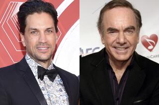 Will Swenson appears at the 74th annual Tony Awards in New York on Sept. 26, 2021, left, and Neil Diamond appears at the MusiCares Person of the Year tribute for him in Los Angeles on Feb. 6, 2009.  Swenson has been tapped to lead “A Beautiful Noise, The Neil Diamond Musical” this summer when it makes its debut at Boston’s Emerson Colonial Theatre. (AP Photo)