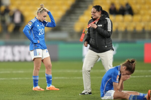 Italy's Giada Greggi reacts after loosing the Women's World Cup Group G soccer match against South Africa in Wellington, New Zealand, Wednesday, Aug. 2, 2023. (AP Photo/Alessandra Tarantino)