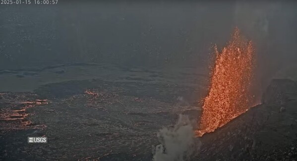 This image taken from video provided by United States Geological Survey on the USGS live feed shows Kilauea Volcano erupting Wednesday, Jan. 15, 2025, in Hawaii. (USGS via AP)