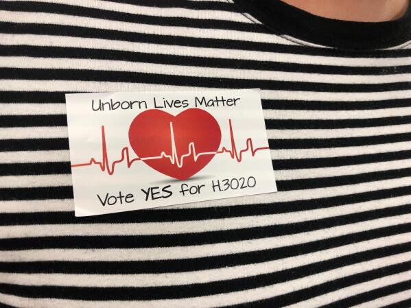 FILE - In this Tuesday, Sept. 10, 2019, file photo, supporters of a bill banning abortions in South Carolina after a fetal heartbeat is detected wore similar stickers at a state Senate subcommittee public hearing in Columbia, S.C. The assertion by proponents that abortion as early as six weeks into pregnancy “stops a beating heart” was arguably the stroke of political genius that helped so-called “heartbeat bills” defy constitutional concerns to become law in 12 states. (AP Photo/Jeffrey Collins, File)