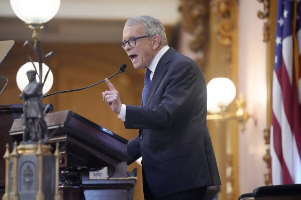 Ohio Governor Mike DeWine gives his 2024 State of the State address in the Ohio House chambers at the Ohio Statehouse on Wednesday, April 10, 2024 in Columbus. (Barbara J. Perenic /The Columbus Dispatch via AP)