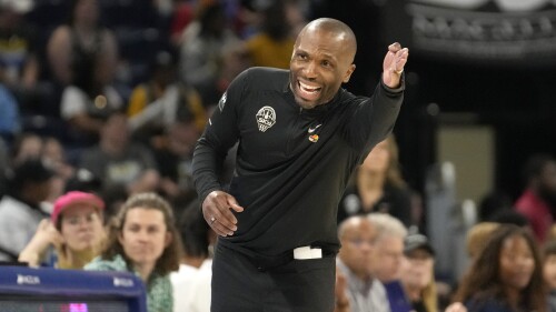 Chicago Sky coach James Wade yells to a referee during the second half of the team's WNBA basketball game against the Washington Mystics on Thursday, June 22, 2023, in Chicago. (AP Photo/Charles Rex Arbogast)