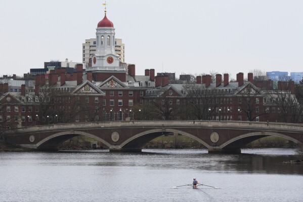 A sculler rows down the Charles River near Harvard University, at rear, Tuesday, April 15, 2025, in Cambridge, Mass. (AP Photo/Charles Krupa, File)