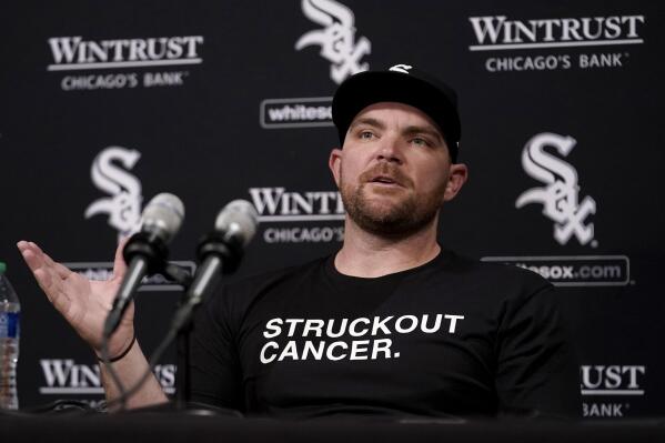 Chicago White Sox's Liam Hendriks talks to reporters before a baseball game between the White Sox and the Minnesota Twins on Wednesday, May 3, 2023, in Chicago. (AP Photo/Charles Rex Arbogast)